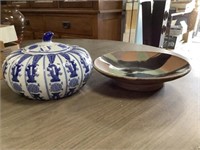 Pottery shallow bowl and ceramic covered dish