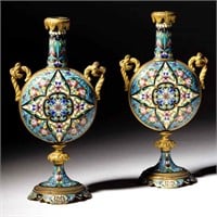 Fine pair of 19th century French dore bronze champleve 9" moon flask vases.  Attributed to the Ferdinand Barbedienne Foundry, Paris, France.