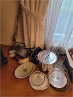 Pots pans mop casserole & serving dish lot