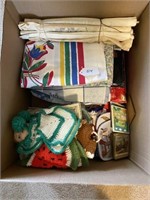 Large Box of Table Cloths, Dish Towels, Hot Plates