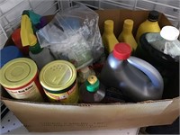 BOX OF GARDEN SUPPLIES/ OIL/ CLEANING SUPPLIES BOX