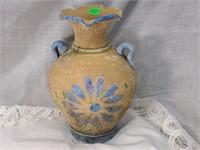 pottery double handled vase w/ blue flowers