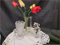 Crystal bud vases, paper roses