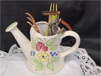 hand painted ceramic watering can w/ tools