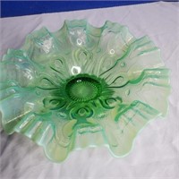 Fluted antique 9" green opalescent dish
