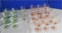 6 Green goblets & 12 pink depression goblets
