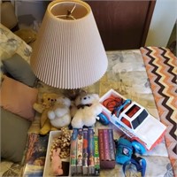 VHS tapes, toys, lamp, misc