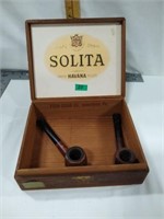 2 Vintage smoking pipes & wood Cigar box