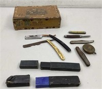 Old cigar box w/ knives & straight edge razors