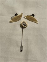 Scrimshaw Stick Pin & Earrings