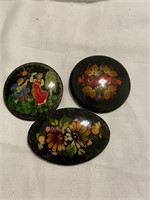3 Handpainted Wooden Brooches