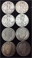 (8) 4 BARBER & 4 WALKING LIBERTY SILVER 1/2