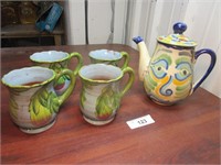 Glazed Terra Cotta Cups and Teapot