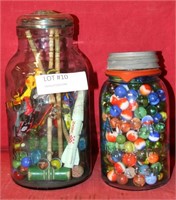 2 VINTAGE JARS WITH MARBLES AND COLLECTIBLES