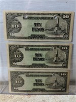 Lot of 3 Japanese Government WWII Ten Pesos Notes