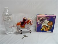 Vintage Tin Litho Wind Up Monkey Riding Horse Toy