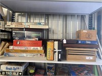 CONTENTS OF SHELF- 17+ ASSORTED BOARD GAMES