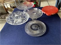 CONTENTS OF SHELF- PEDESTAL CAKE PLATE, RED METAL
