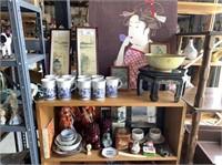 CONTENTS OF 2 SHELVES- ASSORTED ASIAN DÉCOR- CUPS,