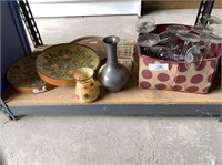 CONTENTS OF SHELF- STEMWARE, VASES, WALL HANGINGS