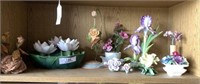 CONTENTS OF SHELF- CERAMIC FLOWERS AND ONE WOOD