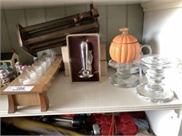 CONTENTS OF 1/2 SHELF- CANDLE HOLDERS, CANDLES,