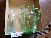 Green Glass Pitcher & Bottle