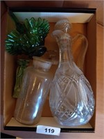 Decanter, Glass Basket & Vase