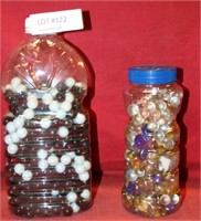 2 PLASTIC JARS OF DECORATIVE MARBLES/GLASS ROCKS