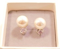 New Faux Pearl / White CZ Earrings. Stud Posts