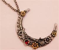 New Silver Steampunk Moon Pendant with 20" Chain