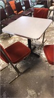 Metal square table. 3 velvet chairs