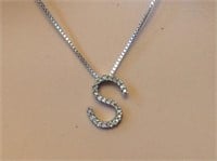 14K White Gold Diamond "S" Pendant Necklace