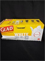 GLAD box of white tall 45L 30 garbage bags