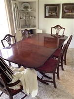 Dining room table with 4 leaves, 4 chairs, one