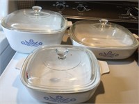 3 matching Corning Ware lidded casserole dishes