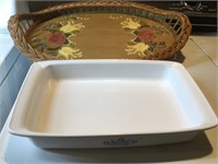 Corning Ware baking dish and wicker and wooden