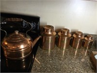 Large copper tea pot and copper canister set
