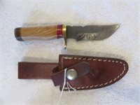 DAMASCUS HUNTING KNIFE WITH LEATHER SHEATH 6"