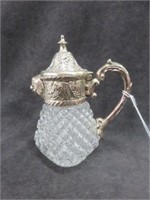 ORNATE SILVERPLATE AND GLASS SYRUP PITCHER 5.5"T