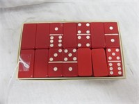VINTAGE SET OF MARBLE-LIKE RED DOMINOES WITH BOX