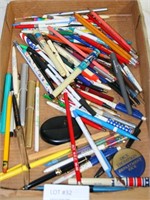 FLAT BOX OF ADVERTISING PENS AND PENCILS