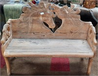 53 - STUNNING CARVED HORSES WOOD BENCH