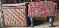 Red upholstered stool and wicker storage cube