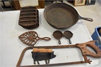 Collection of Cast Iron & Meat Saw
