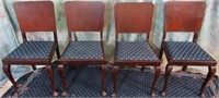 4 CLOTH SEAT MAHOGANY COLORED WOOD DINING CHAIRS