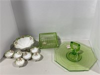 Green Depression Glass Butter, Plate, Nippon Set