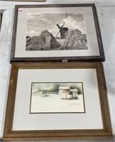 (2) Framed Pictures - Snow Barn Scene & Windmill