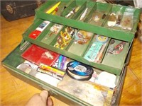 Green Metal Tackle Box w/Fishing Items