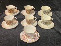 7 ROYALTY TEA CUPS AND SAUCERS